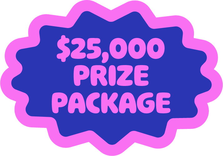 Graphic with a purple and pink border reading "$25,000 Prize Package" in purple text on a dark blue background.