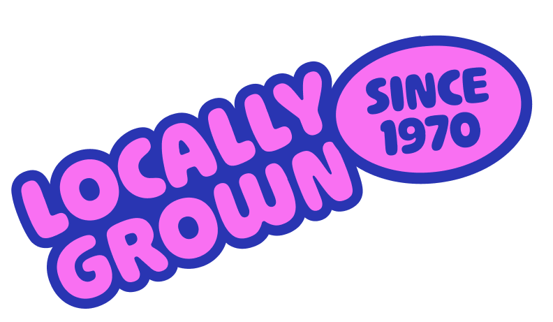 A colorful logo with the words "Locally Grown" in purple and pink text, and an oval with the words "Since 1970" inside it.