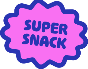Purple badge with scalloped edges that says 'Super Snack' in bold purple letters.