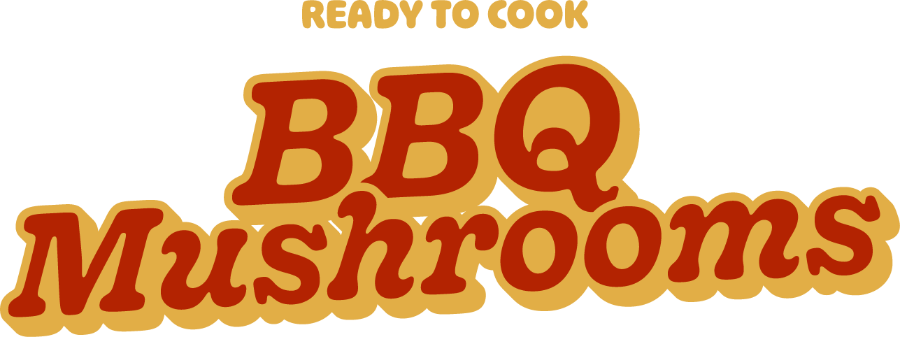 Colorful graphic logo with the text 'Ready to Cook BBQ Mushrooms' in bold, stylized letters, featuring shades of brown and tan.