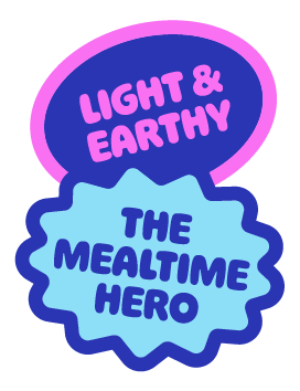 Graphic with purple and blue colors reading "Light & Earthy" and "The Mealtime Hero" in playful fonts.