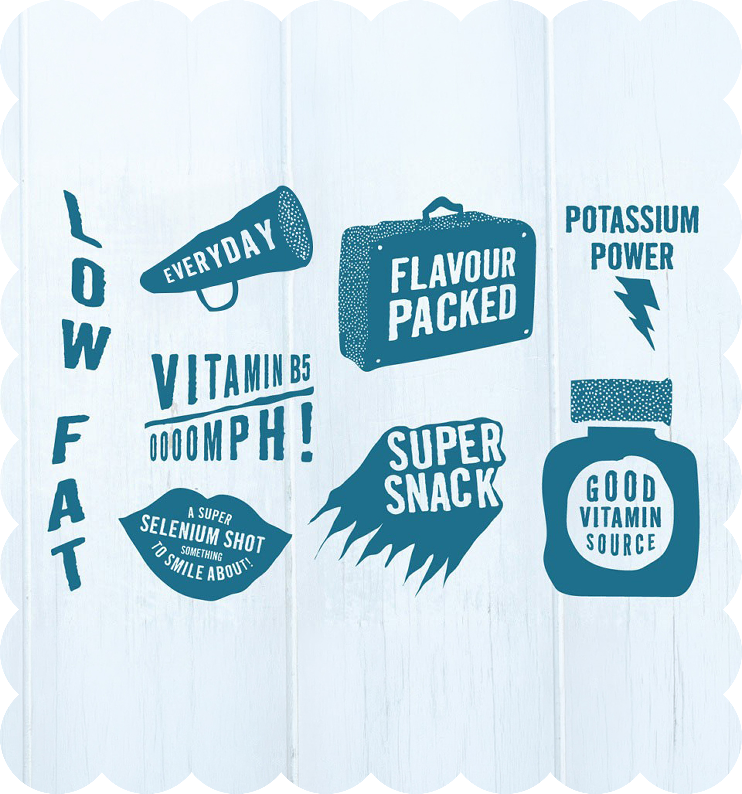 Illustration of various food and supplement labels promoting vitamins, minerals, and health benefits, with phrases like 'everyday', 'flavour packed', 'potassium power', and 'super snack.'