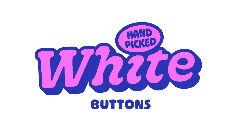 Logo for White Buttons with purple text and a blue outline, featuring the words 'Hand Picked' in a small purple circle, 'White' in large purple letters, and 'Buttons' in smaller blue letters underneath.