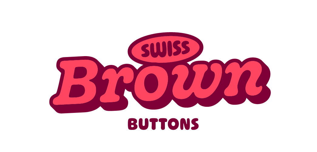 Logo for Swiss Brown Buttons featuring the word 'Brown' in large pink and red letters above the word 'Buttons' in smaller dark purple letters.