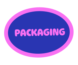 Oval logo with purple background, pink border, and the word 'PACKAGING' in pink capital letters