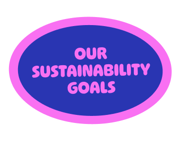 Oval sign with a purple border and dark blue background, displaying the words 'OUR SUSTAINABILITY GOALS' in pink uppercase letters.