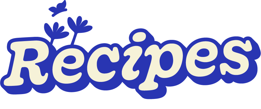 Colorful text reading 'Recipes' with blue and white lettering, decorated with small blue leaves or sprigs.