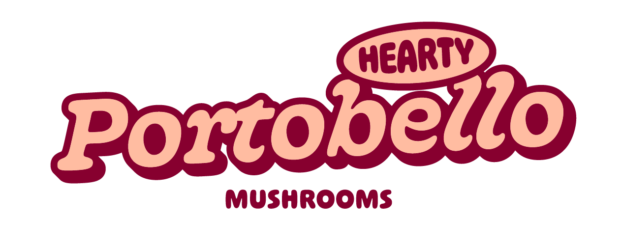 Logo with the words "Hearty Portobello Mushrooms" in stylized pink and maroon text.