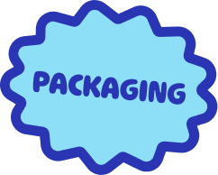 Blue badge-shaped sign with the word 'PACKAGING' in blue text