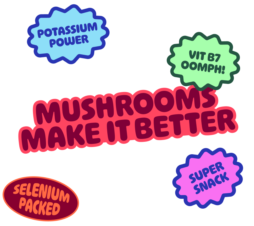 Colorful graphic design featuring the text 'Mushrooms Make It Better' in large pink letters, with additional phrases in colorful speech bubbles: 'Potassium Power,' 'VIT B7 OOMPH!', 'Super Snack,' and 'Selenium Packed.'