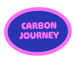 Colorful logo with a purple background, pink text, and an oval shape that reads 'Carbon Journey'.