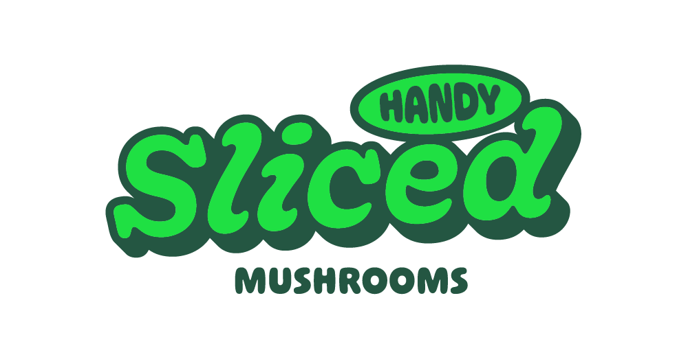 Logo for Handy Sliced Mushrooms, featuring green text on a black background.