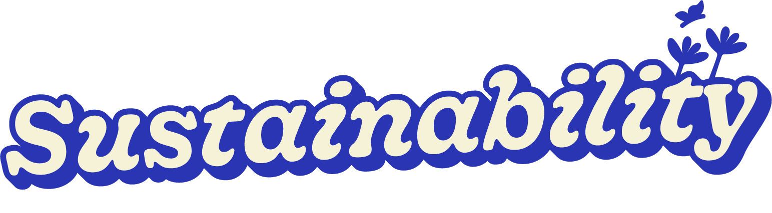 The word "Sustainability" written in large, playful, cream-colored text with a dark blue outline.