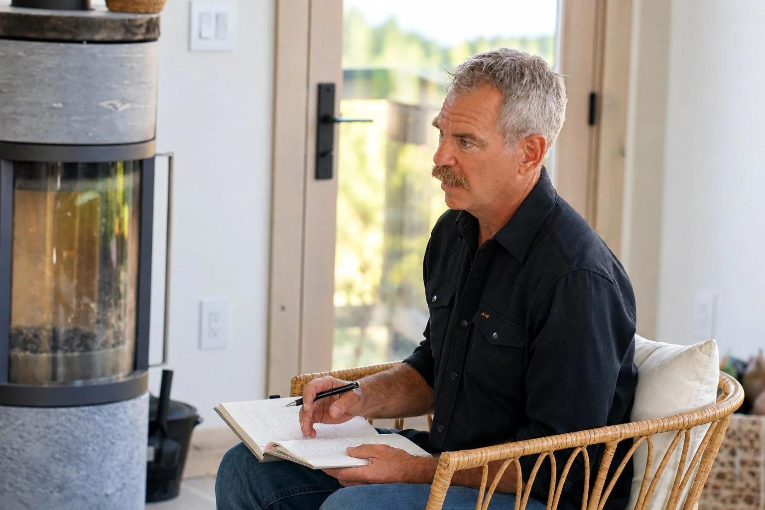 A man with gray hair and a mustache sitting in a rattan chair in a bright room, holding a notebook and pen while looking at a fireplace.