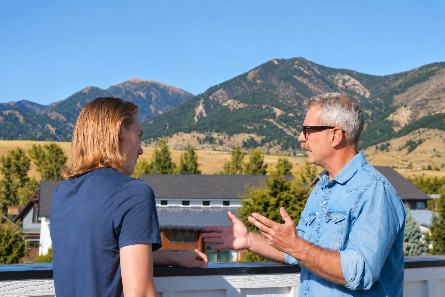A young woman and an older man having a conversation on a balcony with a mountain landscape in the background.