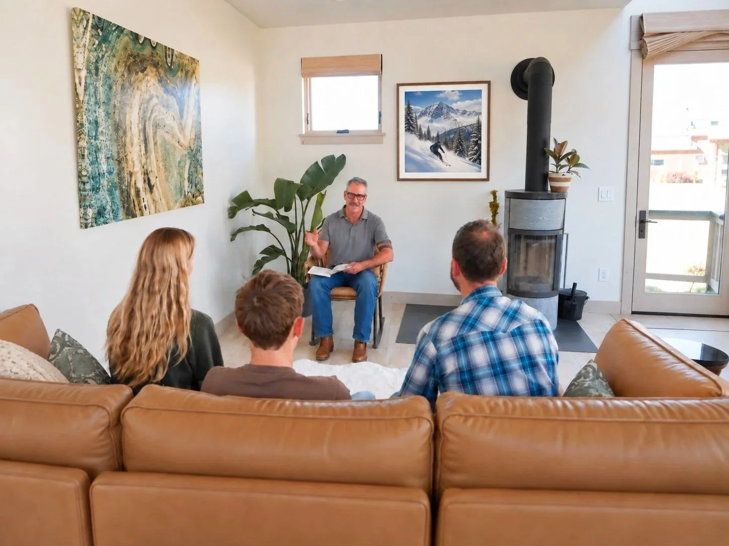 A man speaking to a small group of four people in a living room, sitting on a beige leather sofa. The man has glasses and gray hair, and is seated on a wooden chair, holding a book. There are framed pictures of mountains and snow on the wall behind him, a tall plant, a wood stove, and a door leading outside.
