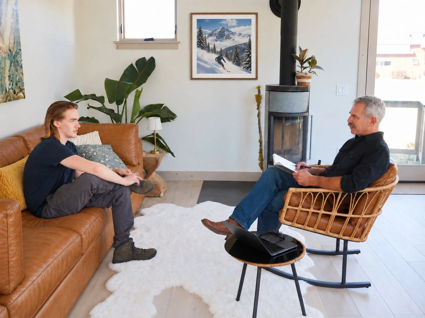 A young man sitting on a brown leather couch talking to an older man taking notes in a notebook during a therapy session in a cozy living room with modern decor.