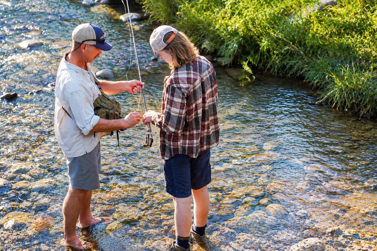 Two fishermen, a man and a woman, standing in a shallow river while fishing. The man is holding a fishing line, and the woman is holding a fishing rod. They are dressed casually, and the scene is surrounded by green bushes and trees.