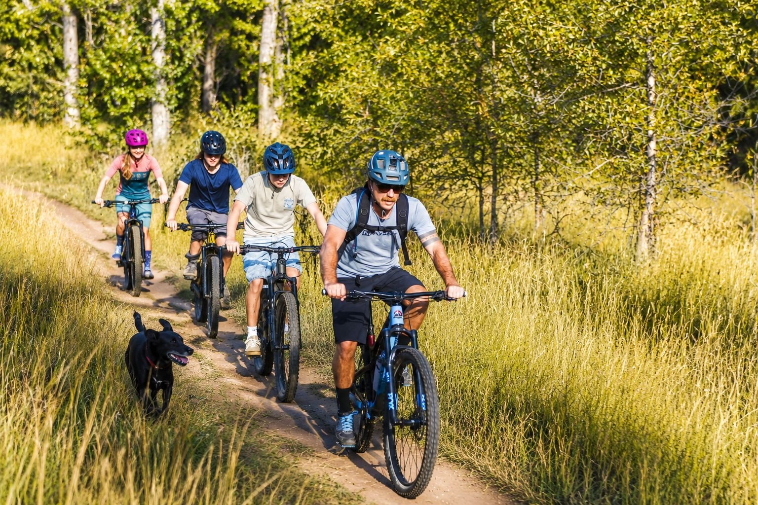 A group of four people cycling on a dirt trail in a forest, accompanied by a black dog. The riders are wearing helmets and casual outdoor clothing, and the scene is bathed in sunlight with green trees and grass surrounding the trail.