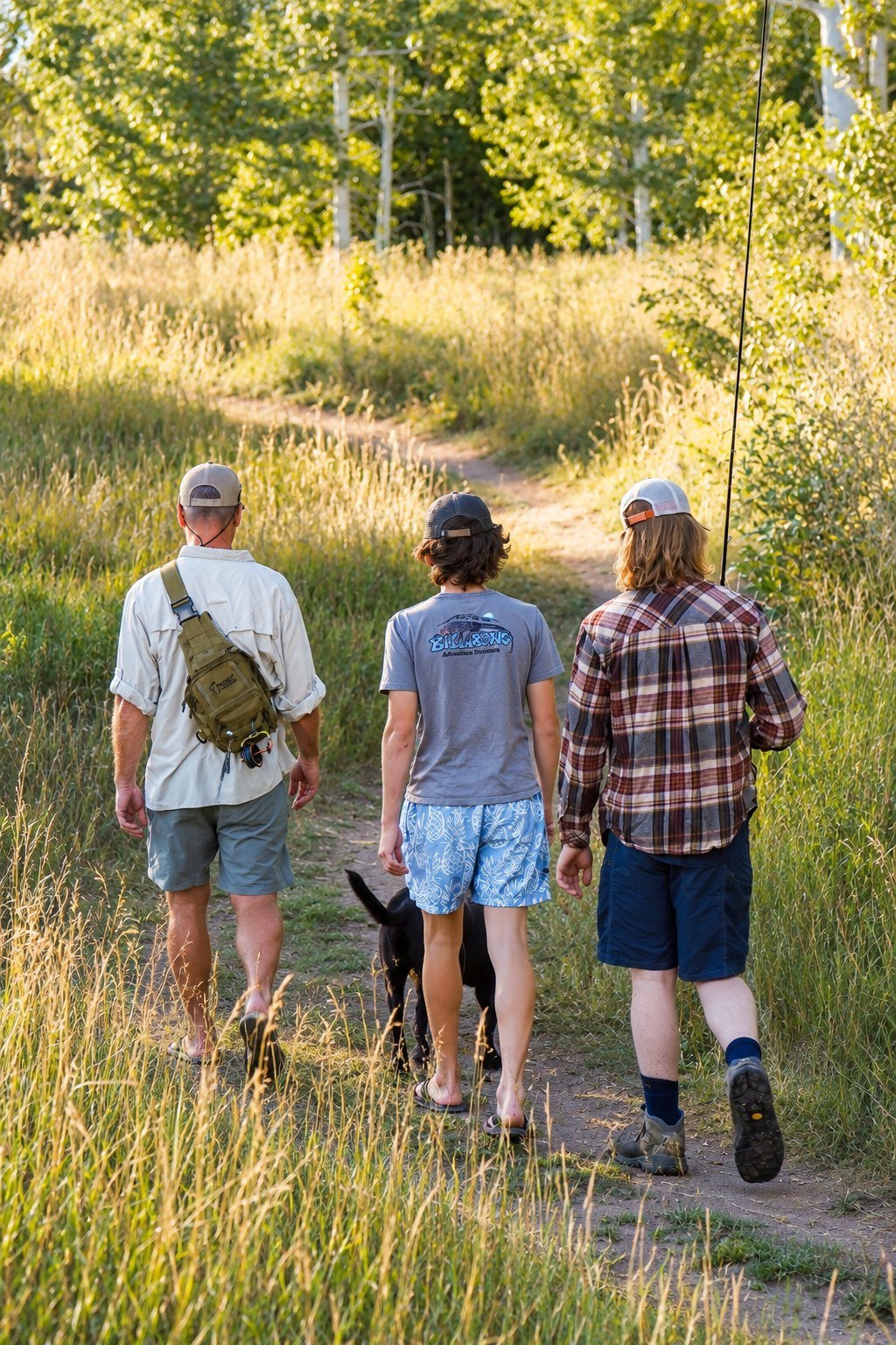 Three people walking on a dirt trail in a grassy field, with trees in the background during daylight hours. One person is carrying a package, and a black dog walks alongside them.