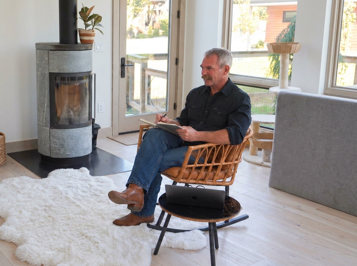 A man sitting in a wicker chair inside a bright room, writing in a notebook. There is a fireplace, a cat tree, and a sliding glass door leading outside.