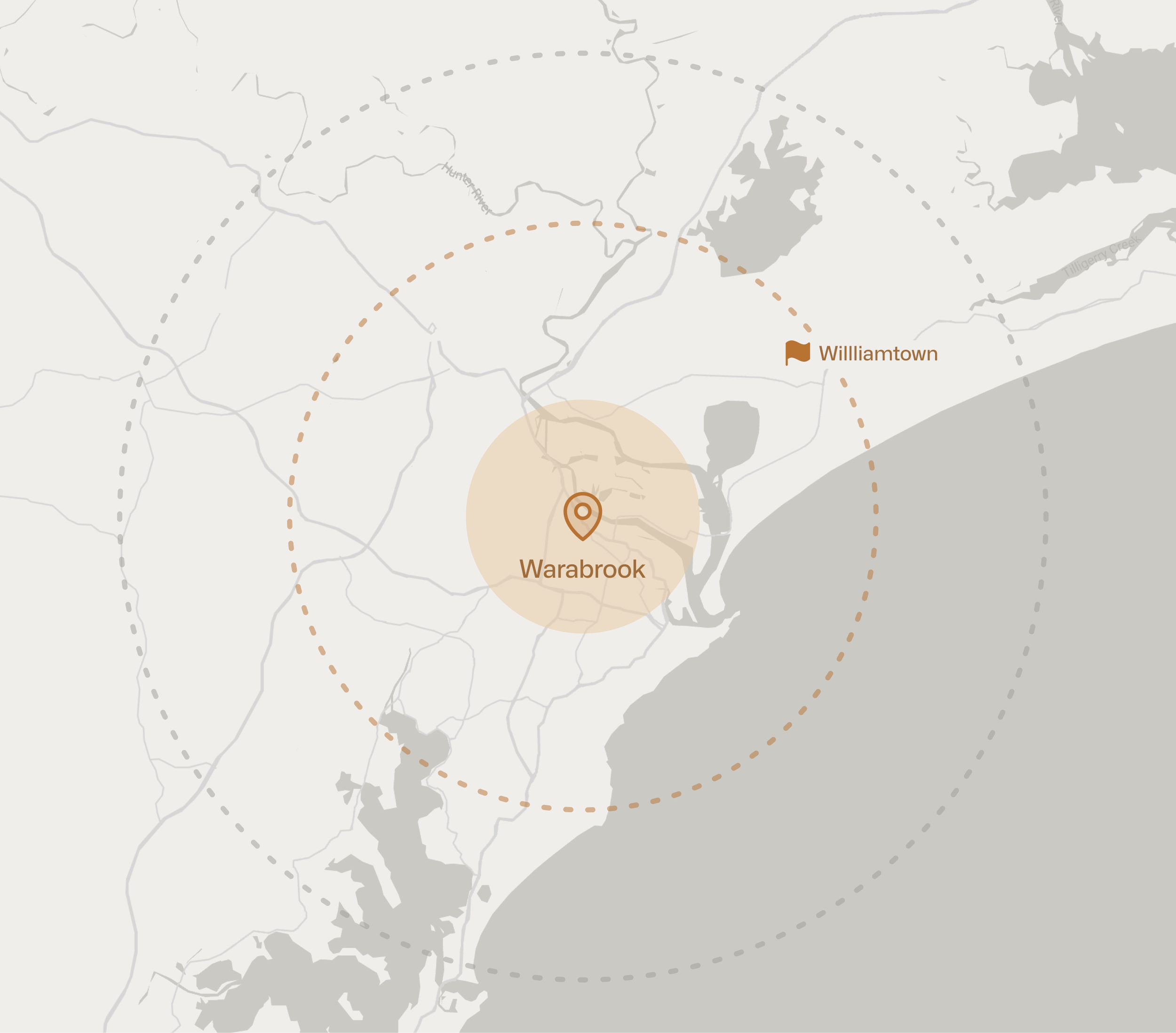 Map showing the location of Warabrook and Williamtown with dotted circular zone around Warabrook.