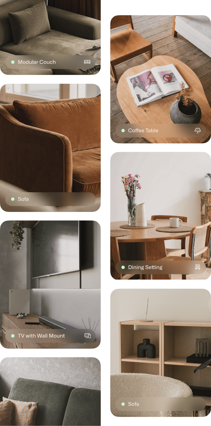 Collage of interior living spaces including couches, a coffee table, a dining setting, a TV with wall mount, and shelving units.