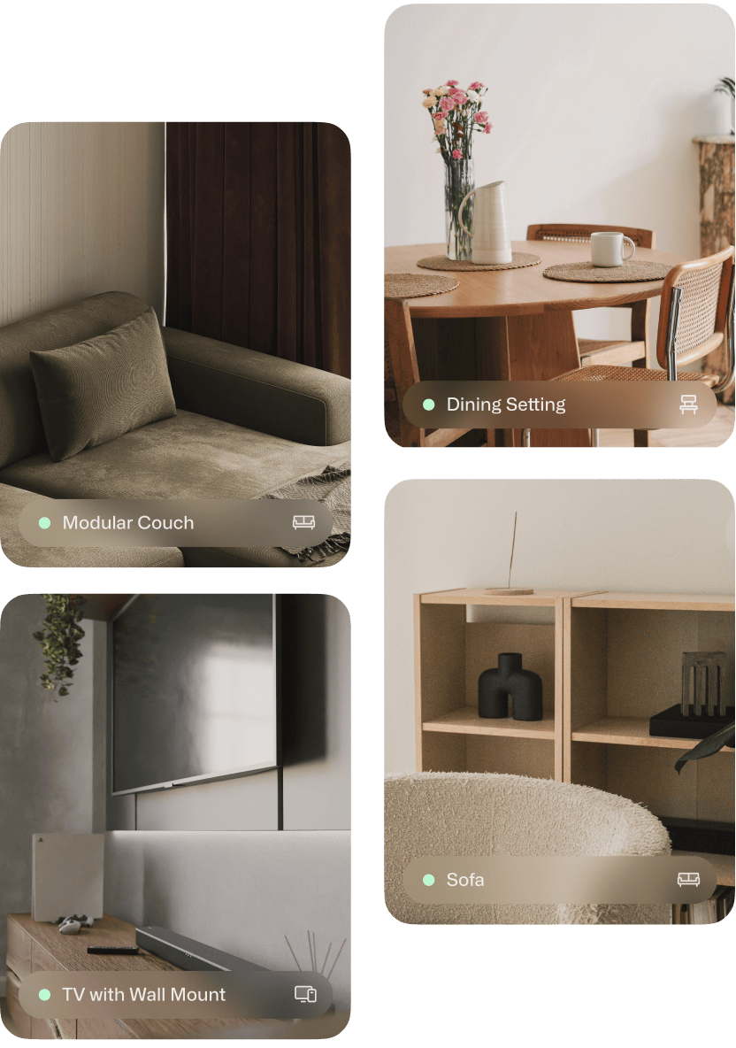 Living room with a modular gray couch, dining area with a wooden table and chairs, a TV with wall mount, and a light-colored bookshelf with decorative items.