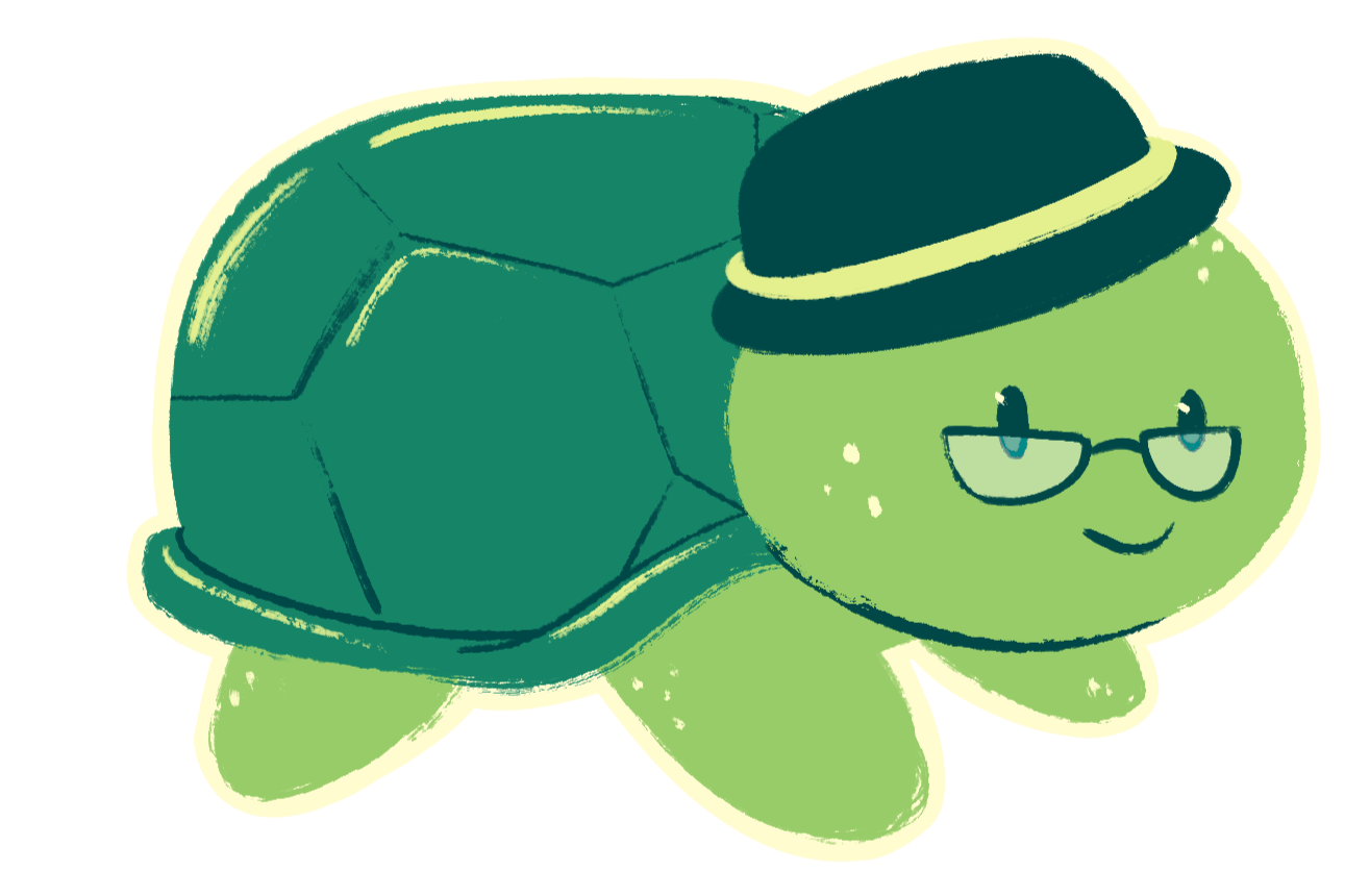 A cute cartoon turtle wearing glasses and a black hat with a yellow band, with a happy expression.