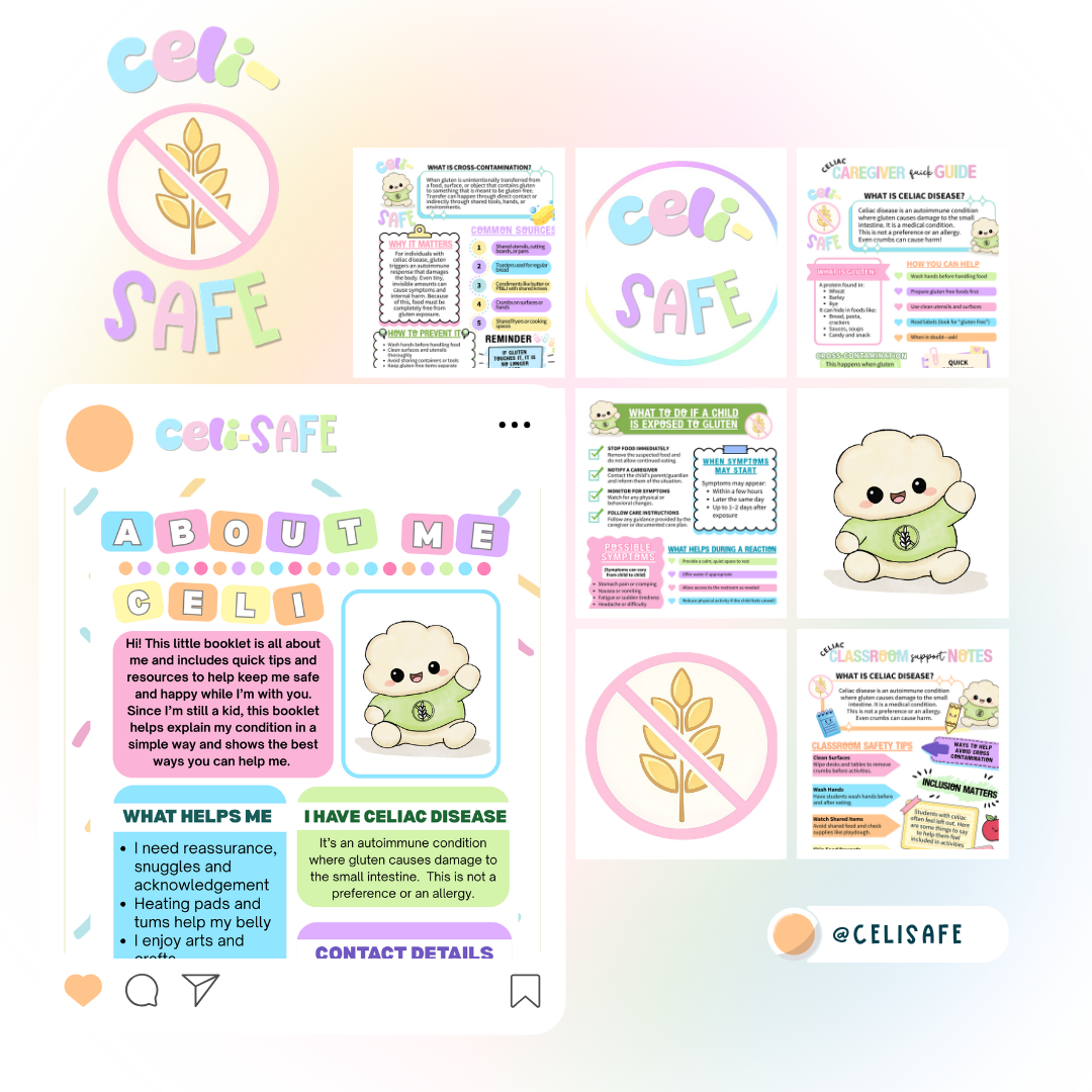 A colorful informational booklet about celiac safe tips for children, featuring playful design elements, characters, and sections on gluten and celiac disease.