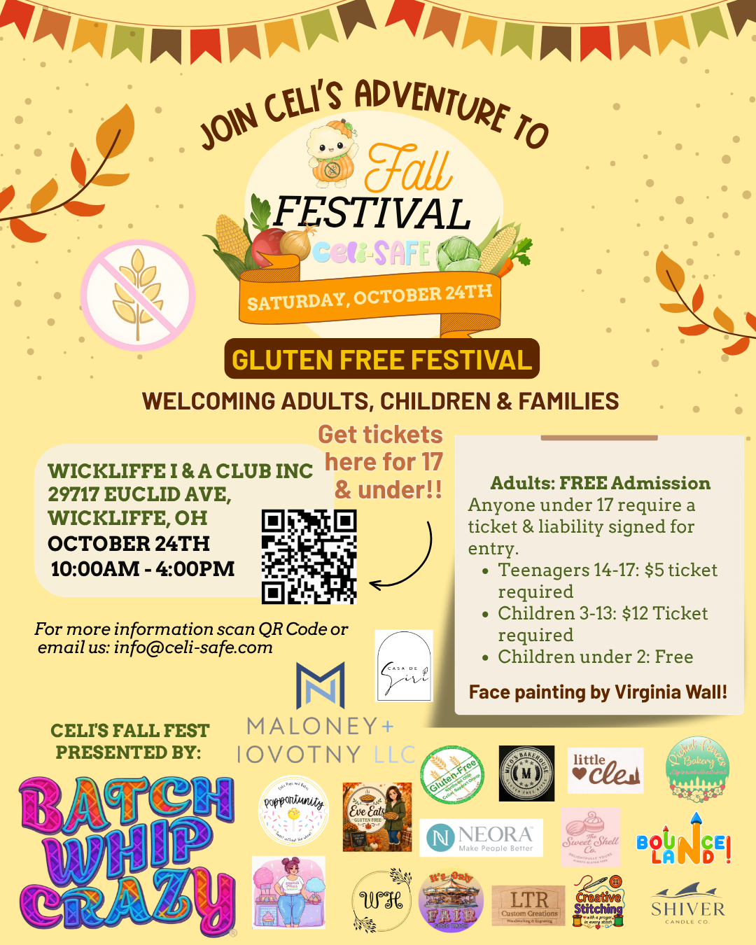 Flyer for Cel's Fall Festival, a gluten-free event on October 24th at Wickliffe I & A Club Inc., Wickliffe, Ohio. Includes info on free admission, tickets for children 3-13, face painting by Virginia Wall, and sponsors' logos.