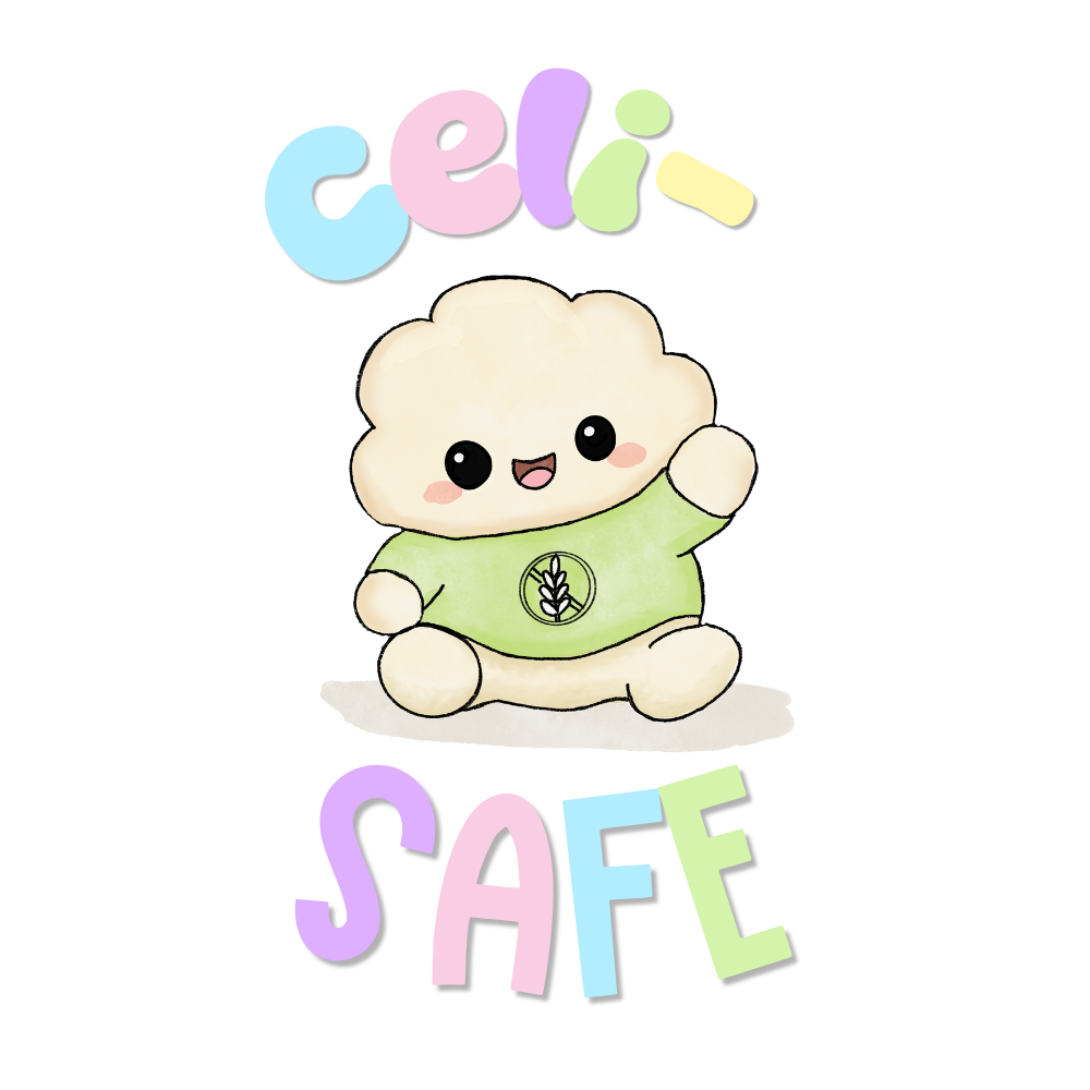 A cute illustration of a cloud character with a happy face, sitting cross-legged, wearing a green shirt with a plant symbol. Above and below the character, colorful letters spell out "celia SAFE" on a black background.