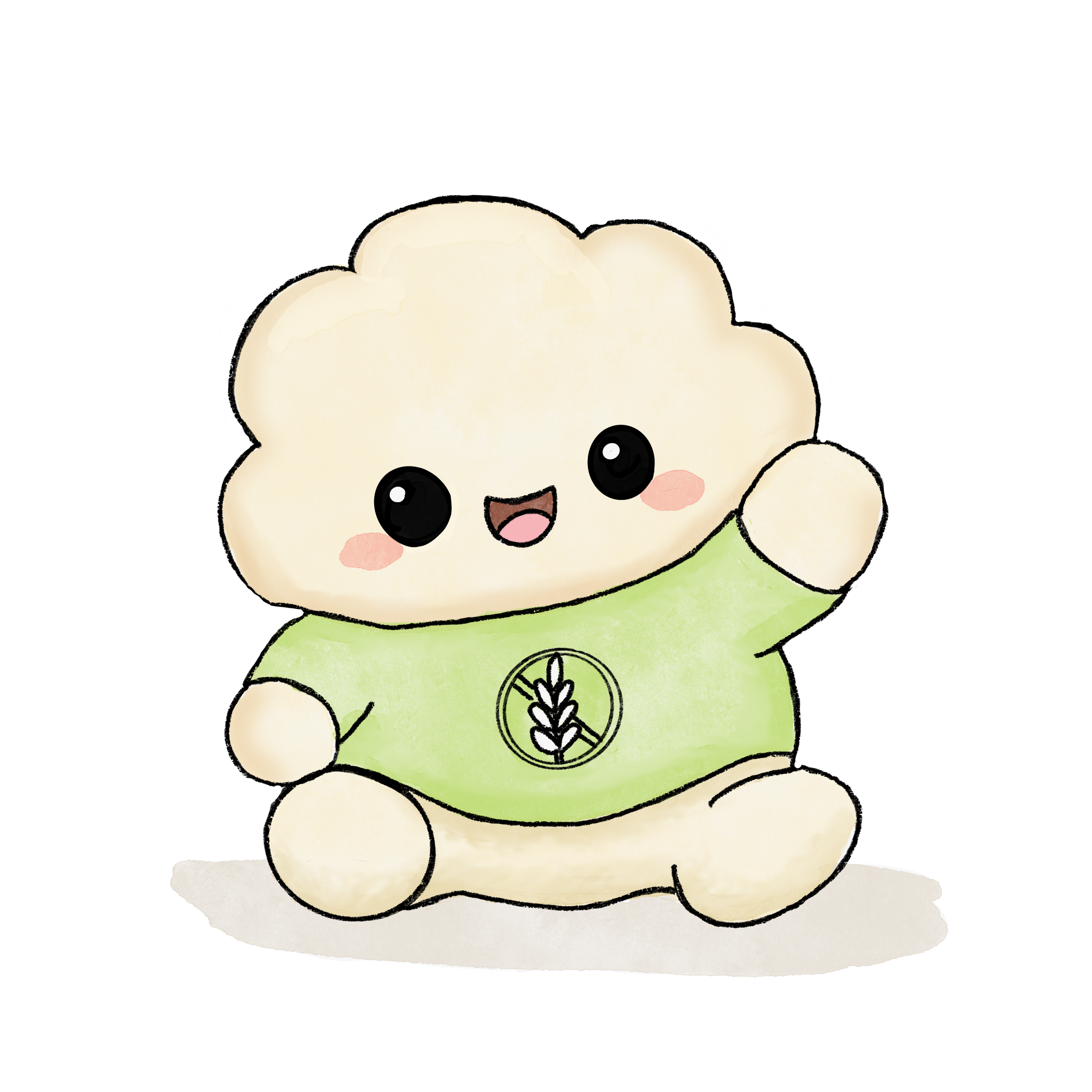 Cute cartoon baby with big eyes, smiling face, pink cheeks, and wearing green outfit with a wheat and leaf symbol.