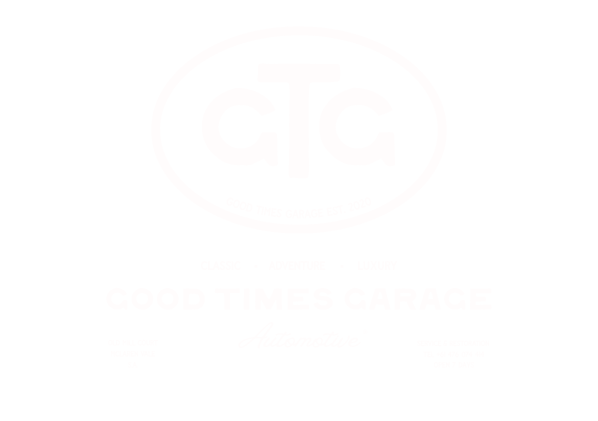 Logo for Good Times Garage, established in 2020, with text promoting classic, adventure, and luxury automotive services, including address and contact details.