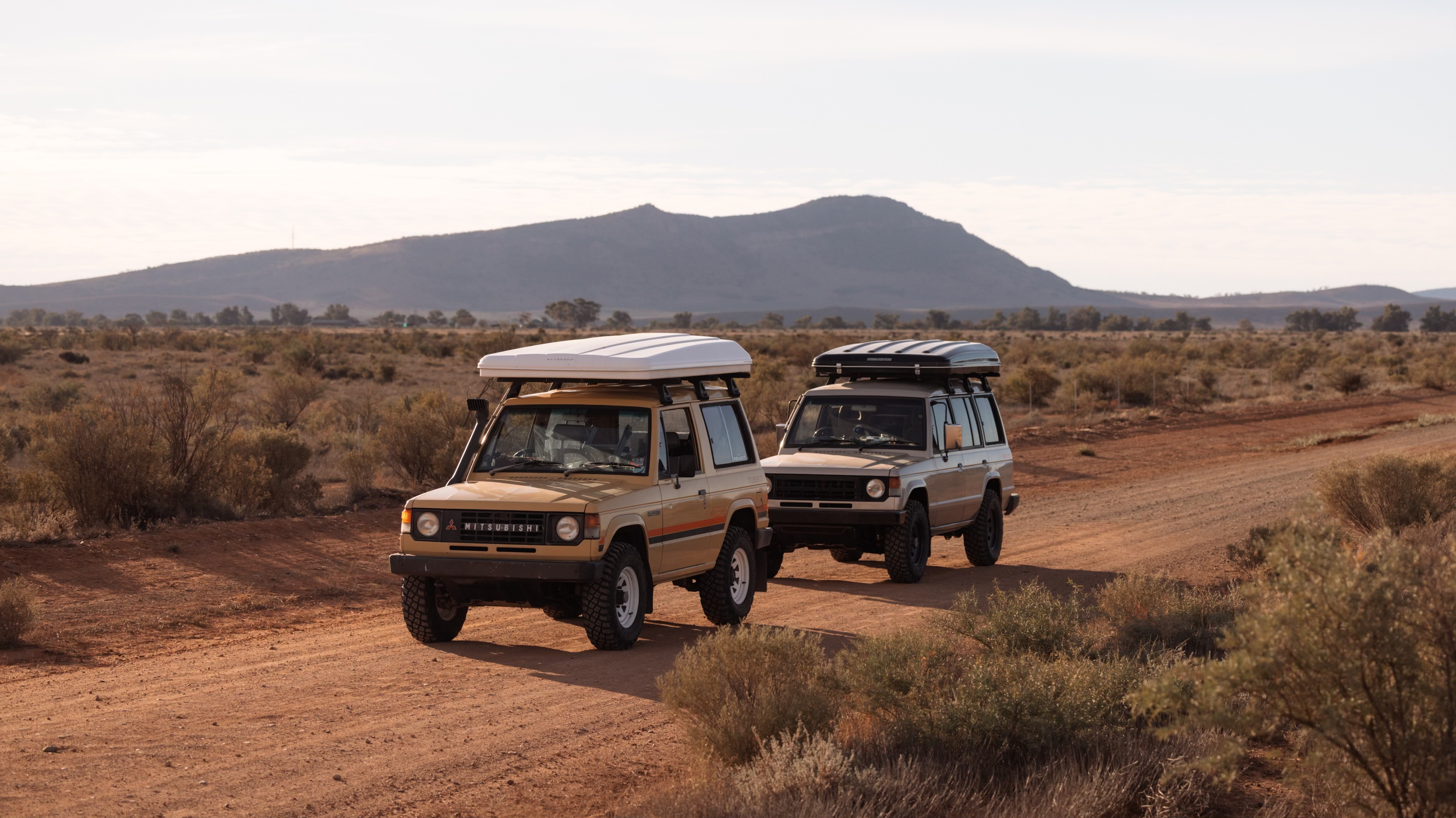 Two vintage SUVs with rooftop cargo carriers parked on a dirt path in a desert landscape with sparse vegetation and mountains in the background.
