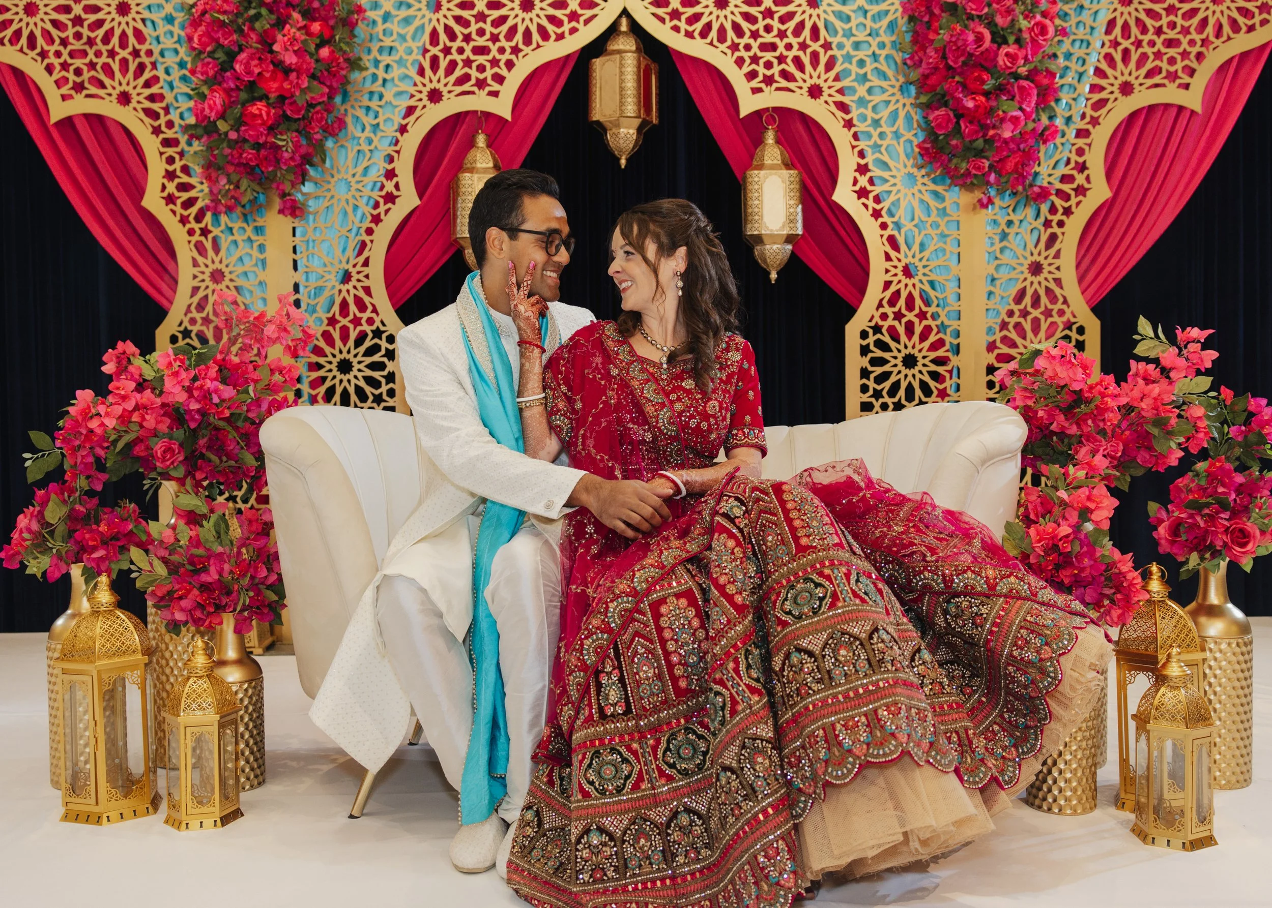 Bride and groom portrait before sangeet