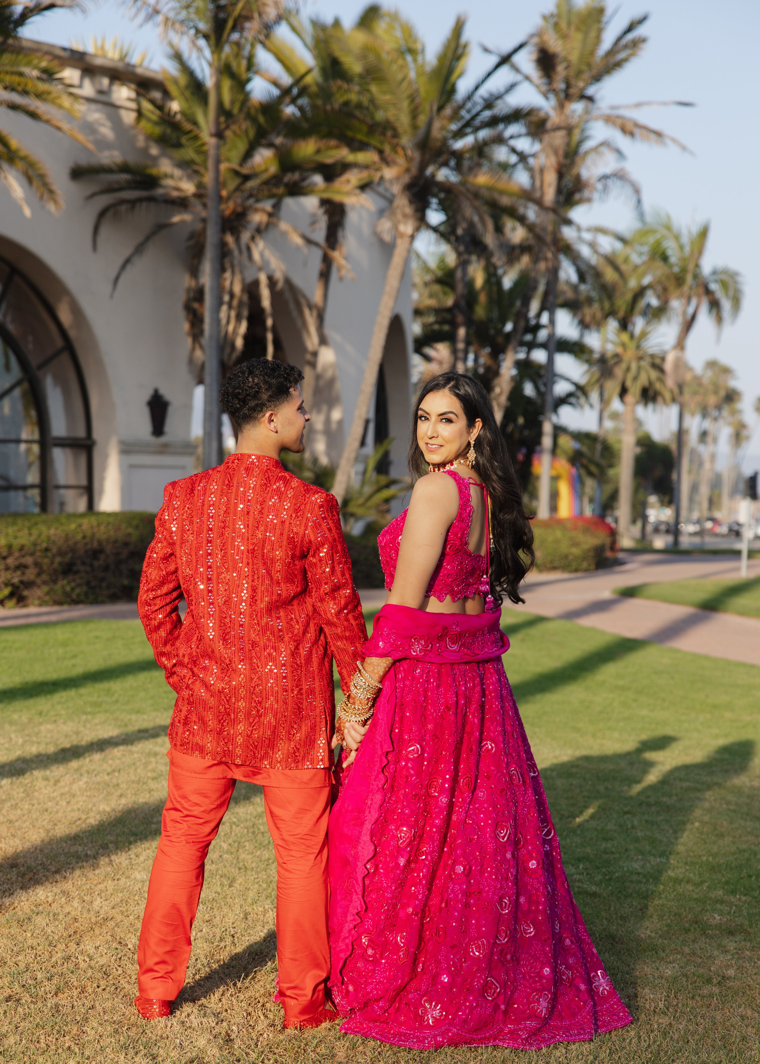  bride and groom portrait before their sangeet celebration in santa barbara, ca. golden hour session 