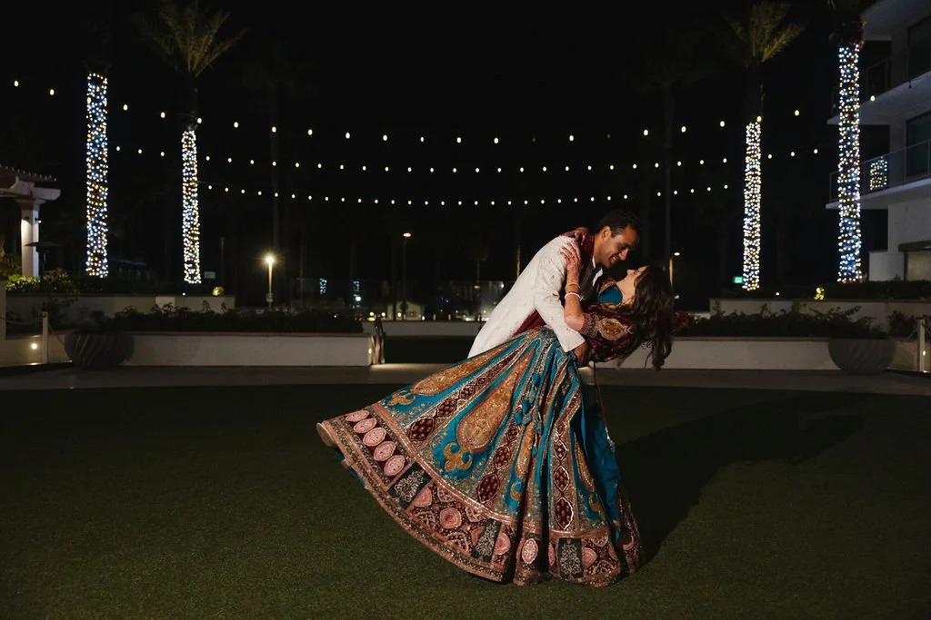 Nighttime couple portrait at The Waterfront Beach Resort in Huntington Beach