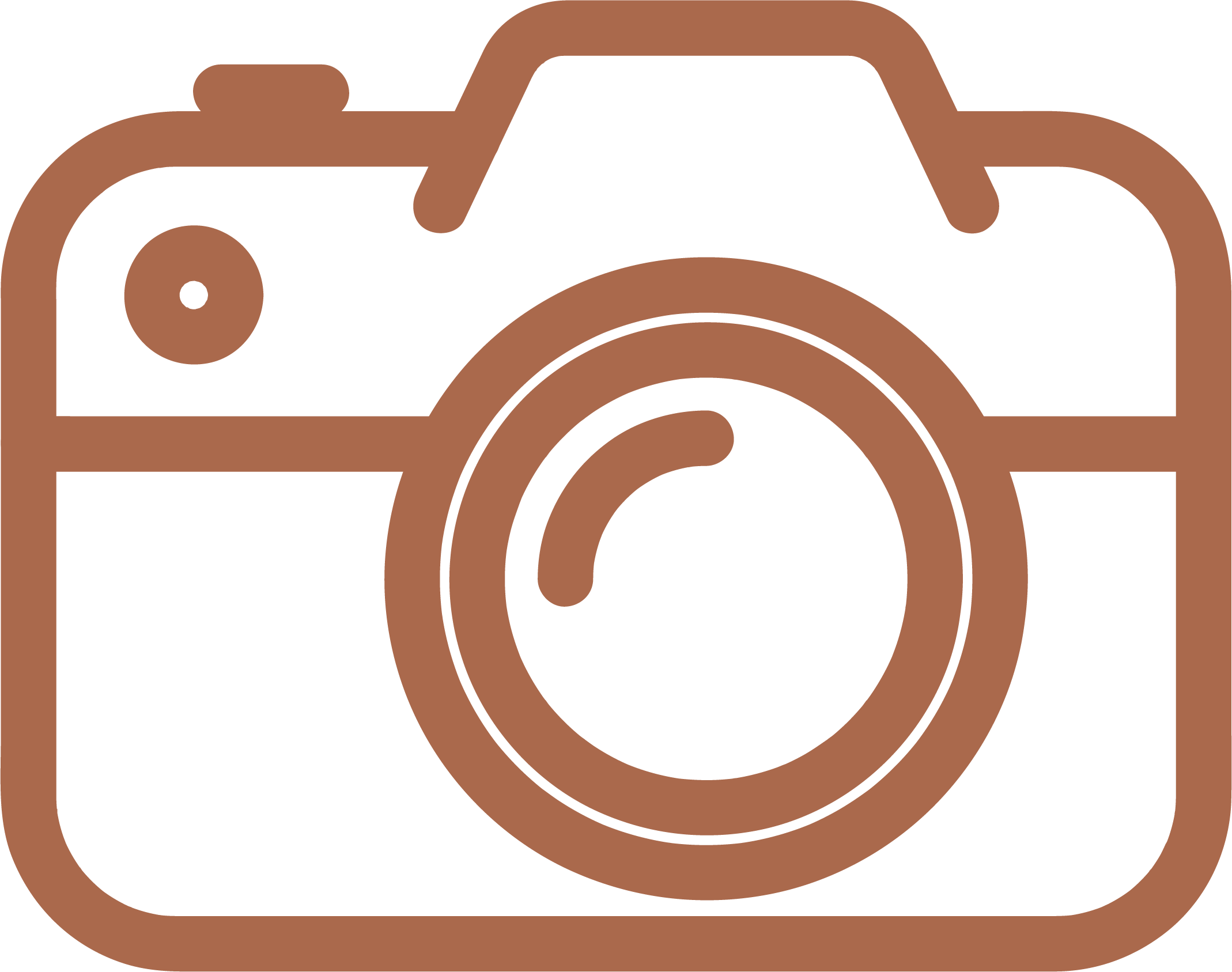 Icon of a vintage camera with a large circular lens, viewfinder, and flash, in brown and black.