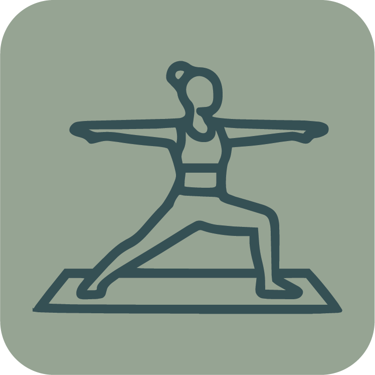 Line drawing of a woman doing yoga in Warrior II pose on a mat.