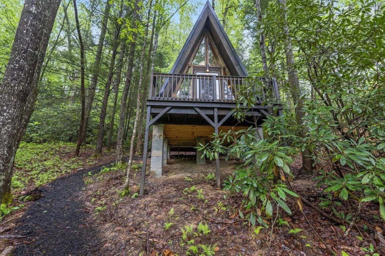 A small, A-frame cabin elevated on stilts in a dense forest, accessed by a dark gravel trail.
