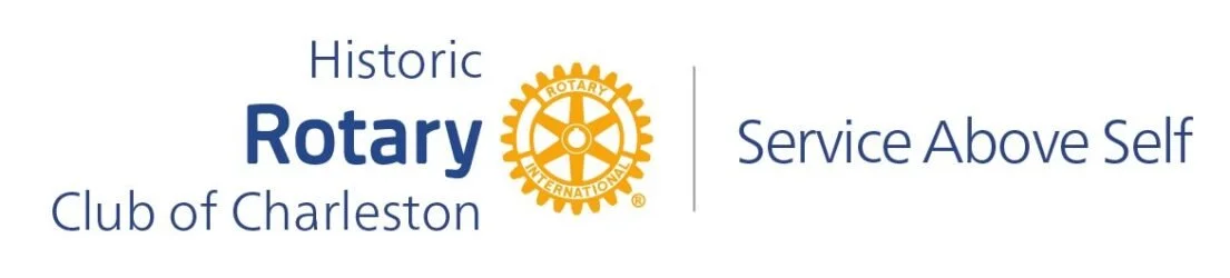 Logo for the Historic Rotary Club of Charleston with the Rotary International emblem and the slogan 'Service Above Self'