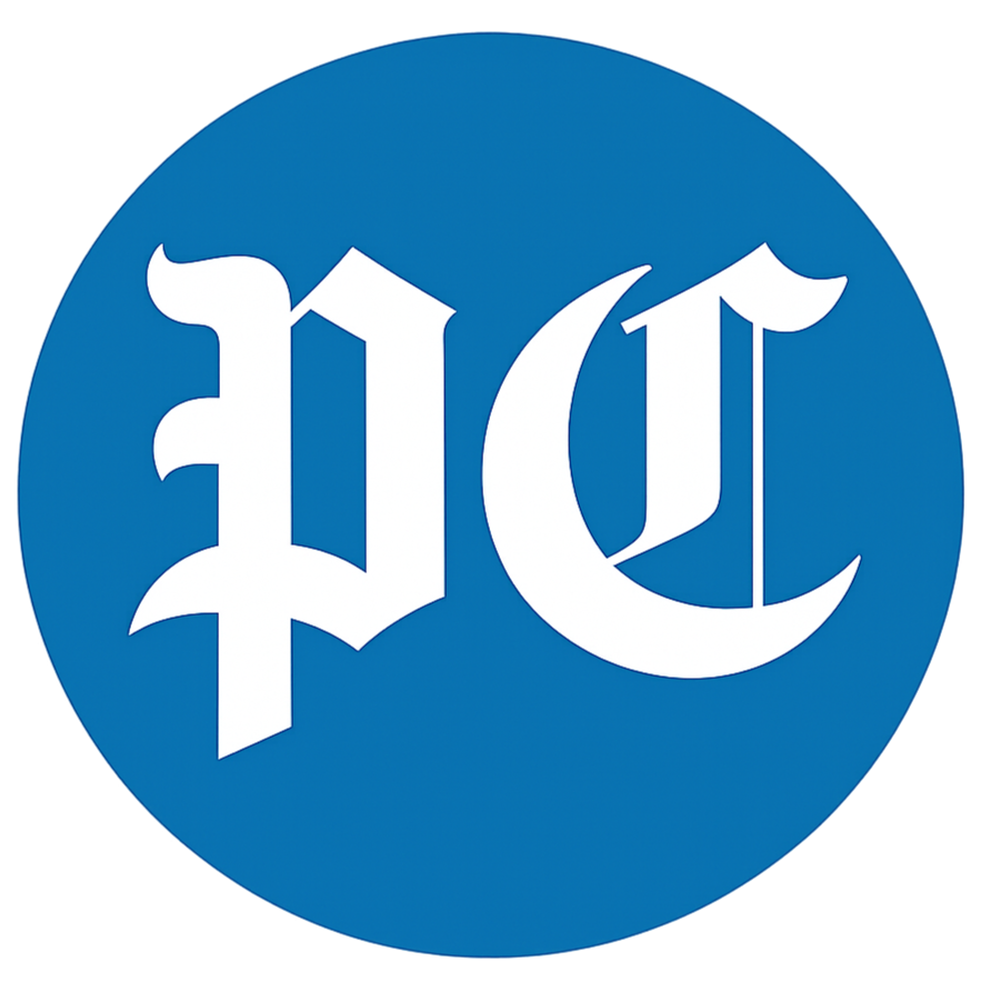 Logo with blue background and white stylized letters 'PLC' in a gothic font.