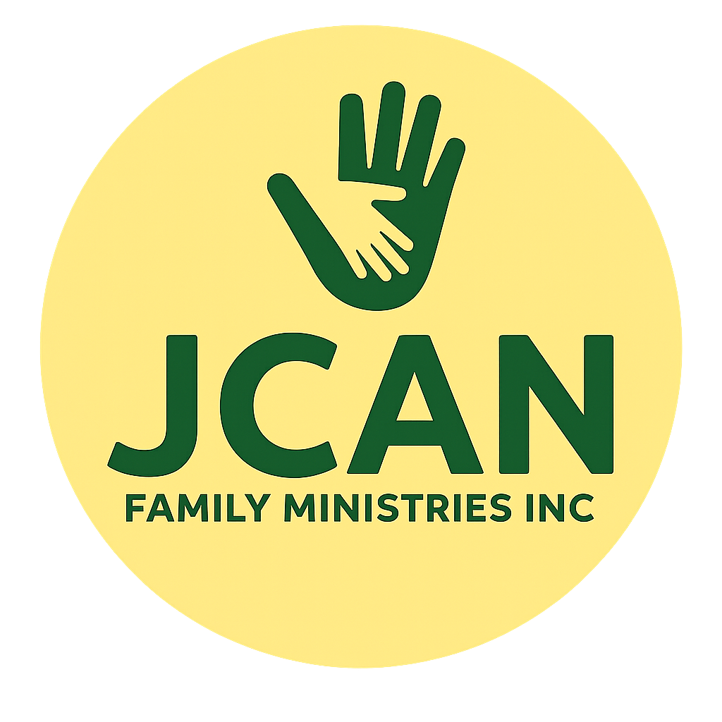 Logo for JCAN Family Ministries Inc. featuring two green hands, one large and one small, in a high-five gesture against a yellow circular background.