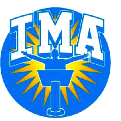 Logo with a person standing with arms outstretched and the letters 'IMA' above, surrounded by a circular blue and yellow design.