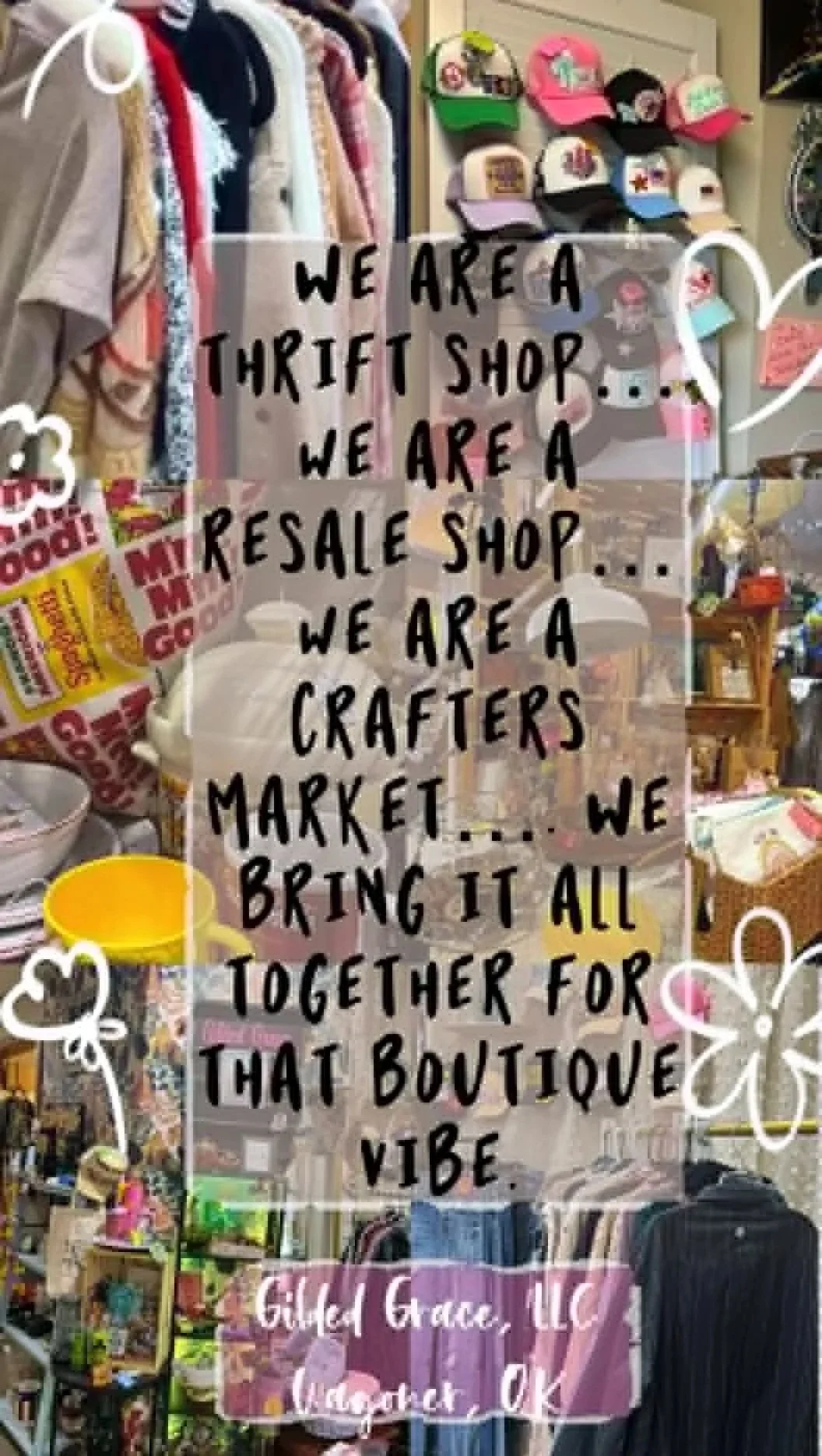 Decorative shop window with clothing, hats, and kitchenware. Handwritten sign describing the shop as a thrift, resale, and craft store in Giles County, Virginia.