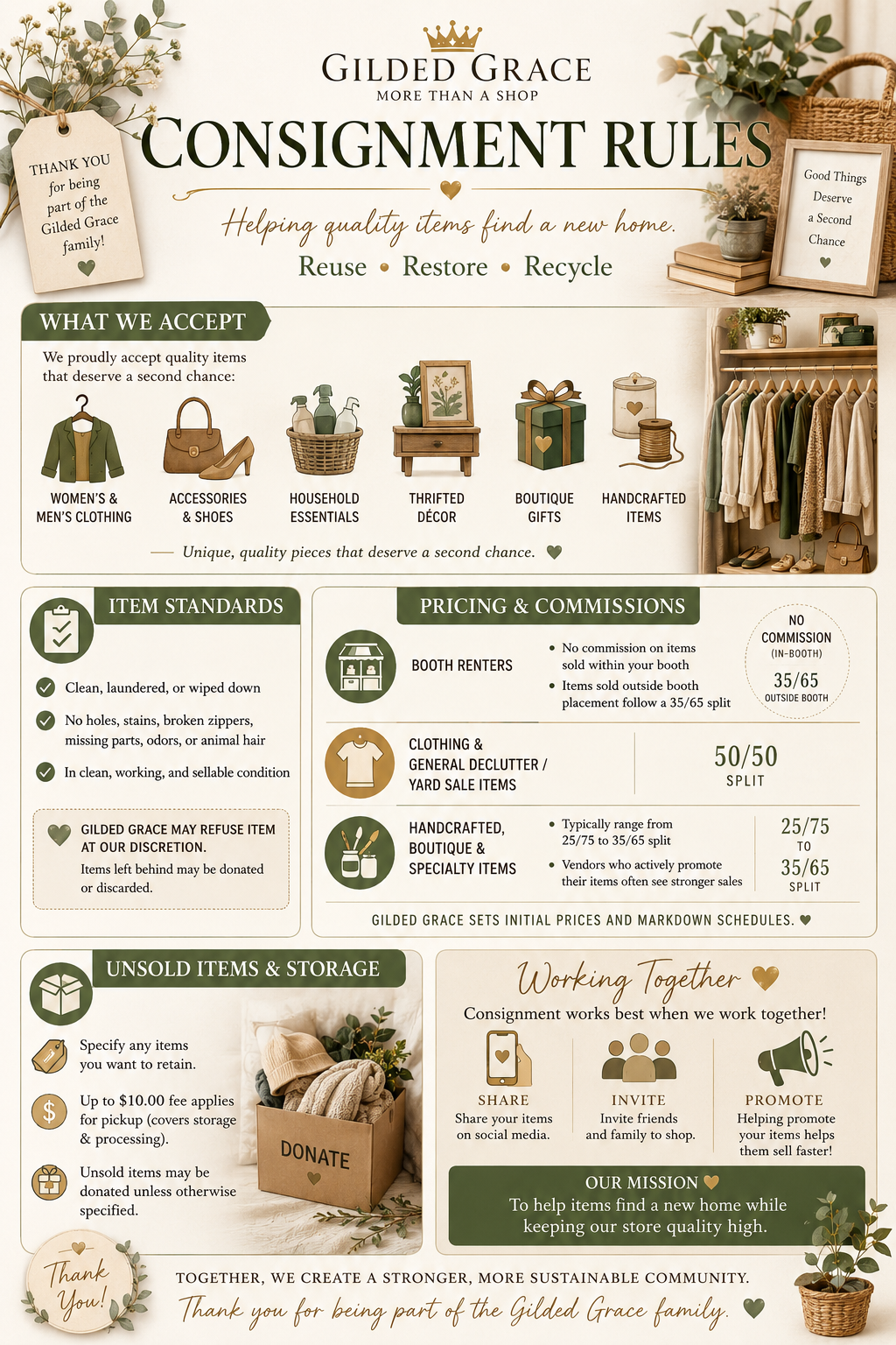 A detailed infographic outlining the consignment rules for Gilded Grace, including accepted items, standards, pricing, and working together as a community.