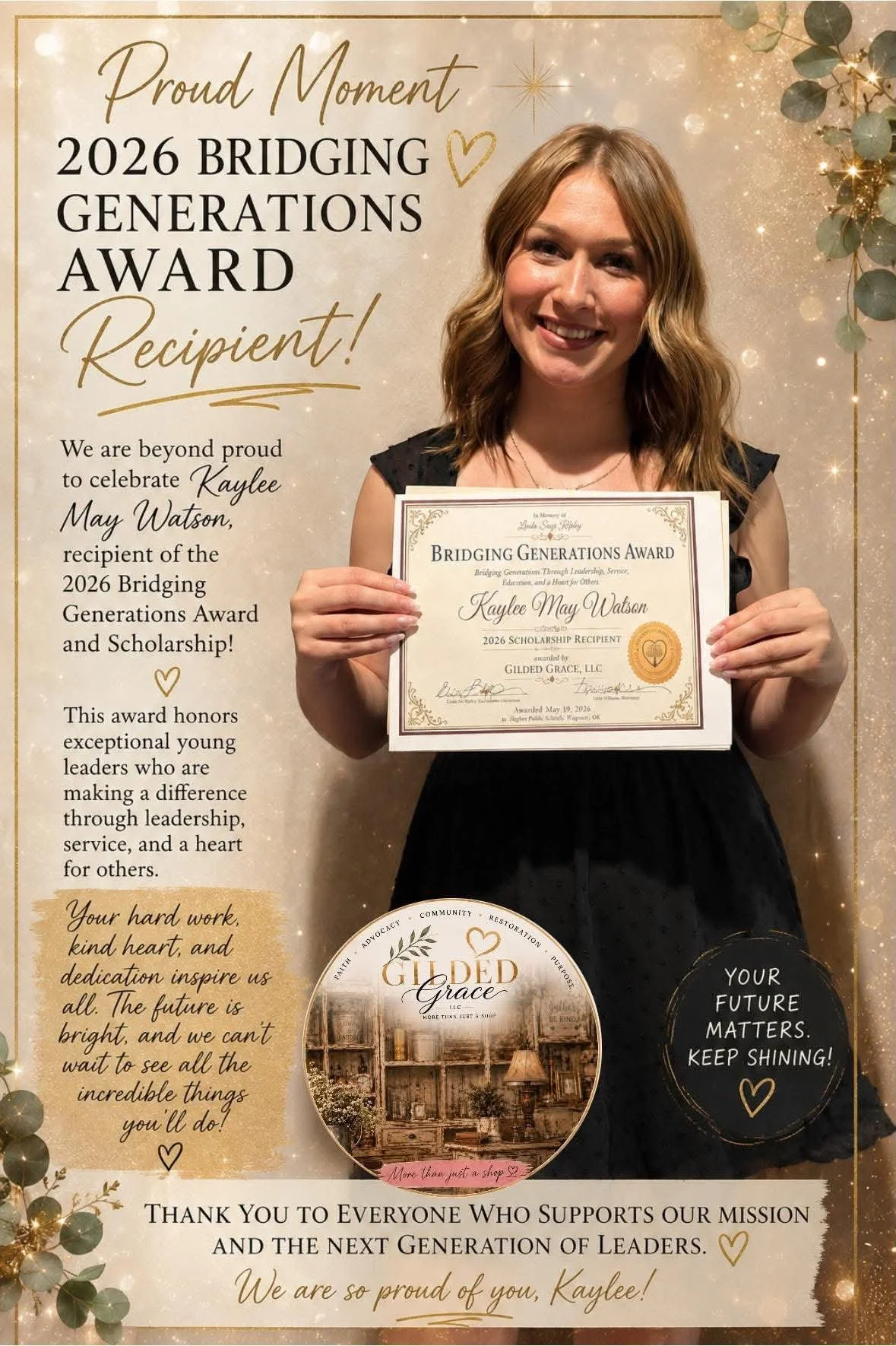 A woman holding a certificate at an award ceremony, with a backdrop that reads "Proud Moment 2026 Bridging Generations Award Recipient" and messages of congratulations.