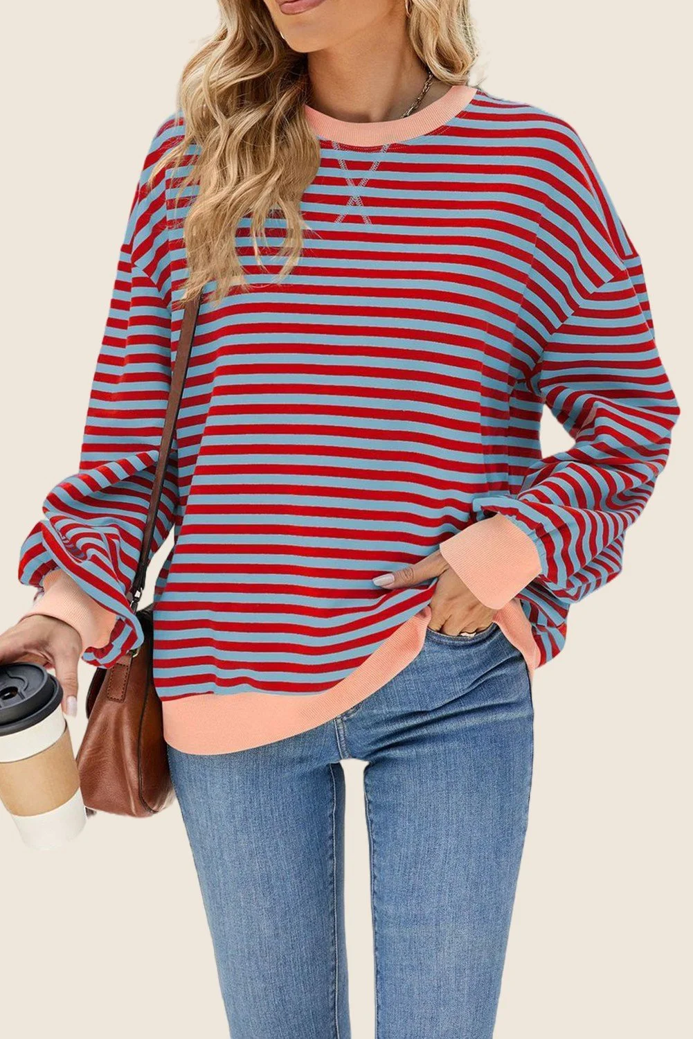 Striped Colorblock Crewneck Lightwieght Sweashirt