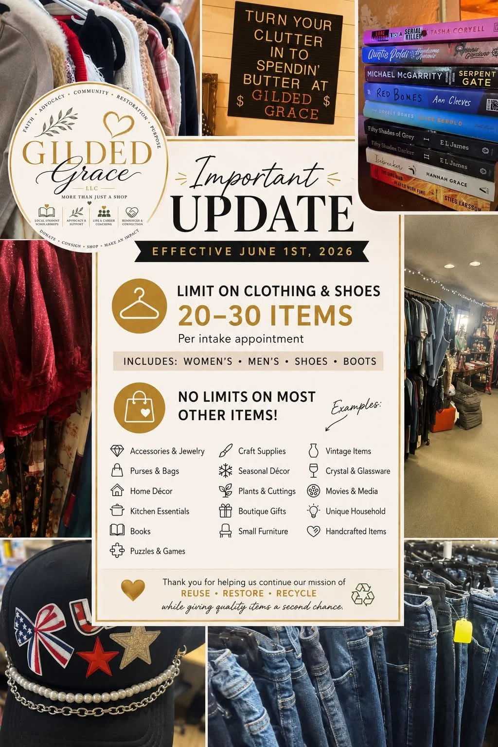Store or thrift shop with clothing racks and a sign providing updates about shopping limits and policy changes starting June 1, 2026.